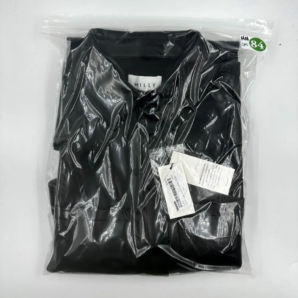 Milly Haven Black Vegan Leather Mini Shirt Dress Size 2 NWT Glamoratti Office